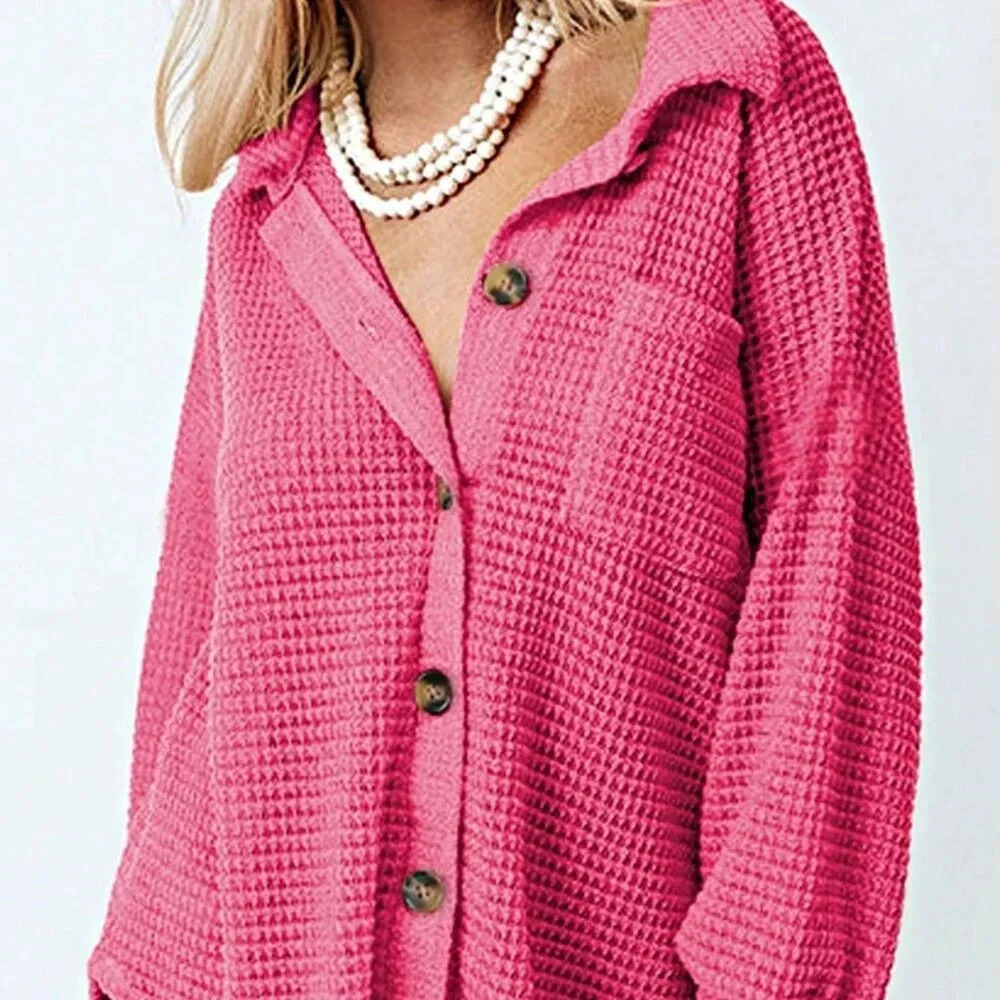 Pink Cute Women's Button Front Waffle Knit Long Sleeve Shacket